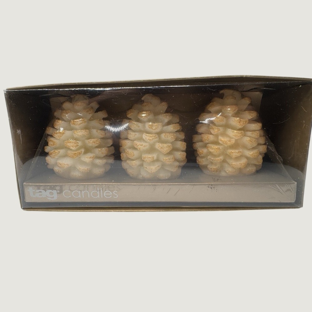 NEW Tag Set of 3 Pinecone Candles Ivory Gold Christmas Holiday Decor